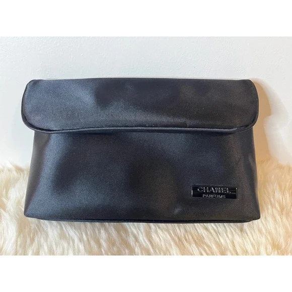 Chanel Parfums Black Satin Makeup Bag Pouch Evening Clutch Metal Logo Plaque - Picture 1 of 7